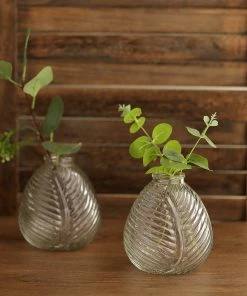 HIER_4810 4 Pack | 5" Embossed Glass Bud Vases, Round Embossed Leaf Flower Vases - Clear 26 HIER_4810 4 Pack | 5
