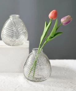 HIER_4810 4 Pack | 5" Embossed Glass Bud Vases, Round Embossed Leaf Flower Vases - Clear 20 HIER_4810 4 Pack | 5