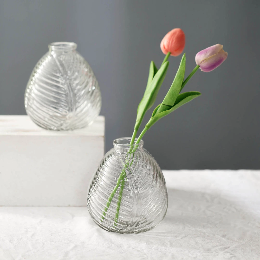 HIER_4810 4 Pack | 5" Embossed Glass Bud Vases, Round Embossed Leaf Flower Vases - Clear 7 HIER_4810 4 Pack | 5" Embossed Glass Bud Vases, Round Embossed Leaf Flower Vases - Clear