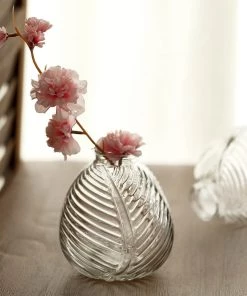 HIER_4810 4 Pack | 5" Embossed Glass Bud Vases, Round Embossed Leaf Flower Vases - Clear