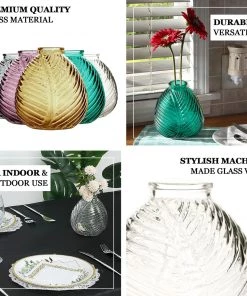 HIER_4810 4 Pack | 5" Embossed Glass Bud Vases, Round Embossed Leaf Flower Vases - Clear 17 HIER_4810 4 Pack | 5