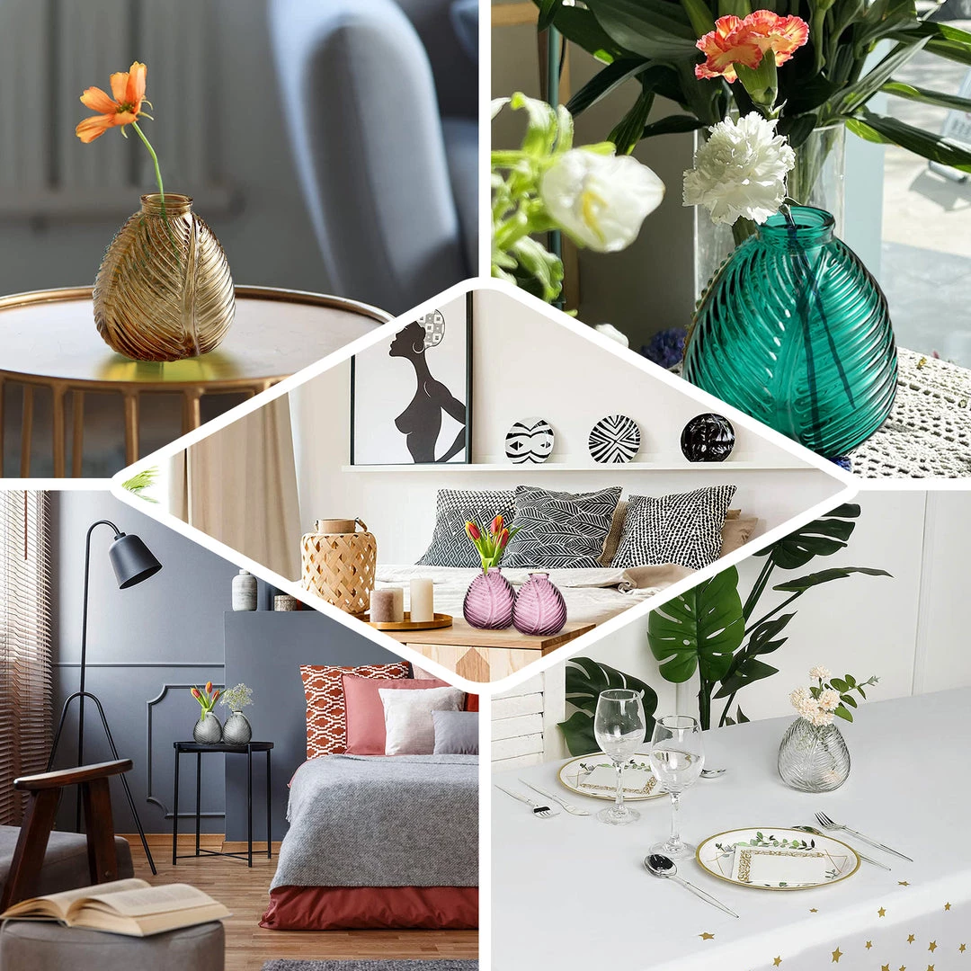 HIER_4810 4 Pack | 5" Embossed Glass Bud Vases, Round Embossed Leaf Flower Vases - Clear 5 HIER_4810 4 Pack | 5" Embossed Glass Bud Vases, Round Embossed Leaf Flower Vases - Clear