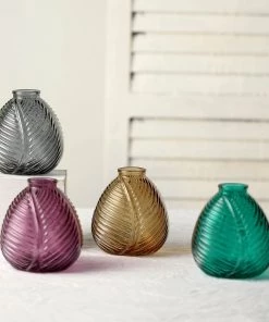 HIER_4810 4 Pack | 5" Embossed Glass Bud Vases, Round Embossed Leaf Flower Vases - Assorted Colors