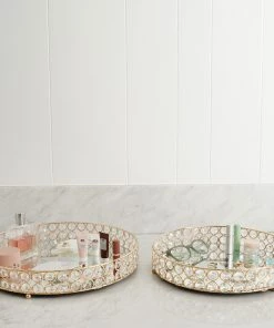 HIER_4730 Set Of 2 | Gold Metal Crystal Beaded Mirror Oval Vanity Serving Tray, Decorative Tray - 15
