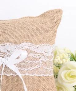 HIER_3900 1 Set | Natural Burlap & Lace Flower Girl Petal Basket & Ring Bearer Pillow Wedding Set Tabletop Decor