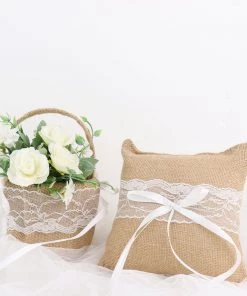 HIER_3900 1 Set | Natural Burlap & Lace Flower Girl Petal Basket & Ring Bearer Pillow Wedding Set Tabletop Decor