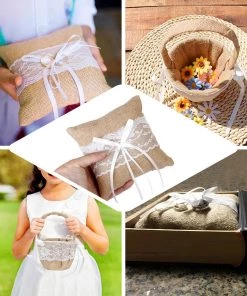 HIER_3900 1 Set | Natural Burlap & Lace Flower Girl Petal Basket & Ring Bearer Pillow Wedding Set Tabletop Decor