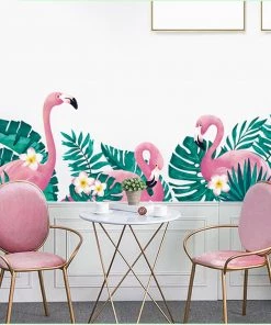 HIER_3400 Green Tropical Palm Leaves & Flamingo Wall Decals, Peel Removable Stickers