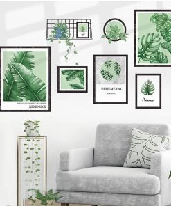 HIER_3400 Green Tropical Plant Leaves Flat Frame Wall Decals, Art Decor Stickers Decorative Interior Wall Paneling
