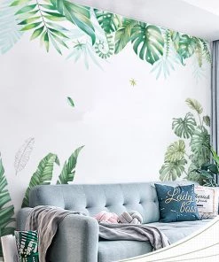 HIER_3400 Decorative Interior Wall Paneling Green Tropical Assorted Hanging Leaves Wall Decals, Plant Peel Removable Stickers