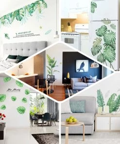 HIER_3400 Green Tropical Palm Leaves Wall Decals, Plant Peel Removable Stickers Decorative Interior Wall Paneling
