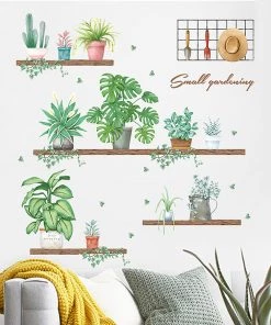 HIER_3400 Green Potted Plants On Shelves Wall Decals, Tropical Art Decor Stickers Decorative Interior Wall Paneling