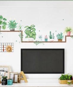 HIER_3400 Green Potted Plants On Shelves Wall Decals, Tropical Art Decor Stickers Decorative Interior Wall Paneling