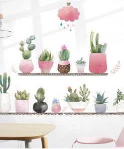 HIER_3400 Succulent Potted Plants On Shelf Wall Decals, Peel & Stick Decor Stickers Decorative Interior Wall Paneling