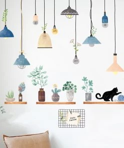 HIER_3400 Potted Plants On Shelves & Lamps Wall Decals, Peel & Stick Decor Stickers