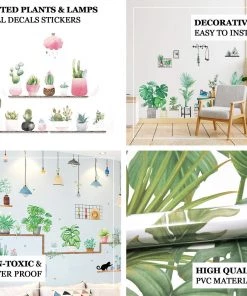 HIER_3400 Green Potted Plants On Shelves Wall Decals, Tropical Art Decor Stickers Decorative Interior Wall Paneling