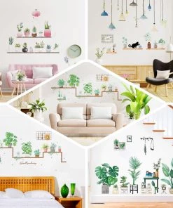 HIER_3400 Green Potted Plants On Shelves Wall Decals, Tropical Art Decor Stickers Decorative Interior Wall Paneling