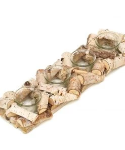 HIER_4320 Wooden Candle Holder | 16"Long | Natural Birch Wood | 4 Glass Votive Holders Included 27 HIER_4320 Wooden Candle Holder | 16