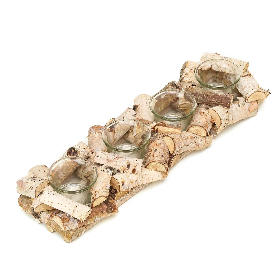 HIER_4320 Wooden Candle Holder | 16"Long | Natural Birch Wood | 4 Glass Votive Holders Included 13 HIER_4320 Wooden Candle Holder | 16"Long | Natural Birch Wood | 4 Glass Votive Holders Included