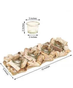 HIER_4320 Wooden Candle Holder | 16"Long | Natural Birch Wood | 4 Glass Votive Holders Included 26 HIER_4320 Wooden Candle Holder | 16
