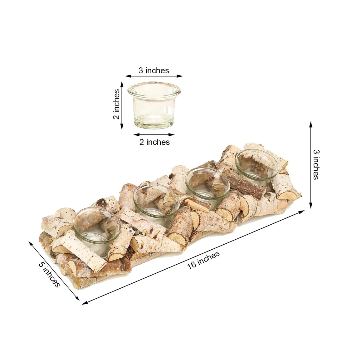 HIER_4320 Wooden Candle Holder | 16"Long | Natural Birch Wood | 4 Glass Votive Holders Included 12 HIER_4320 Wooden Candle Holder | 16"Long | Natural Birch Wood | 4 Glass Votive Holders Included