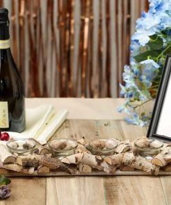 HIER_4320 Wooden Candle Holder | 16"Long | Natural Birch Wood | 4 Glass Votive Holders Included 20 HIER_4320 Wooden Candle Holder | 16