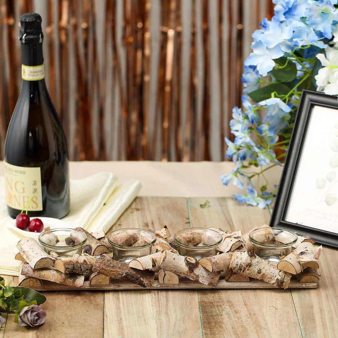 HIER_4320 Wooden Candle Holder | 16"Long | Natural Birch Wood | 4 Glass Votive Holders Included 6 HIER_4320 Wooden Candle Holder | 16"Long | Natural Birch Wood | 4 Glass Votive Holders Included