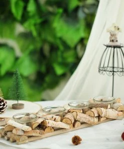 HIER_4320 Wooden Candle Holder | 16"Long | Natural Birch Wood | 4 Glass Votive Holders Included 19 HIER_4320 Wooden Candle Holder | 16