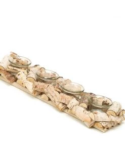 HIER_4320 Wooden Candle Holder | 16"Long | Natural Birch Wood | 4 Glass Votive Holders Included 25 HIER_4320 Wooden Candle Holder | 16