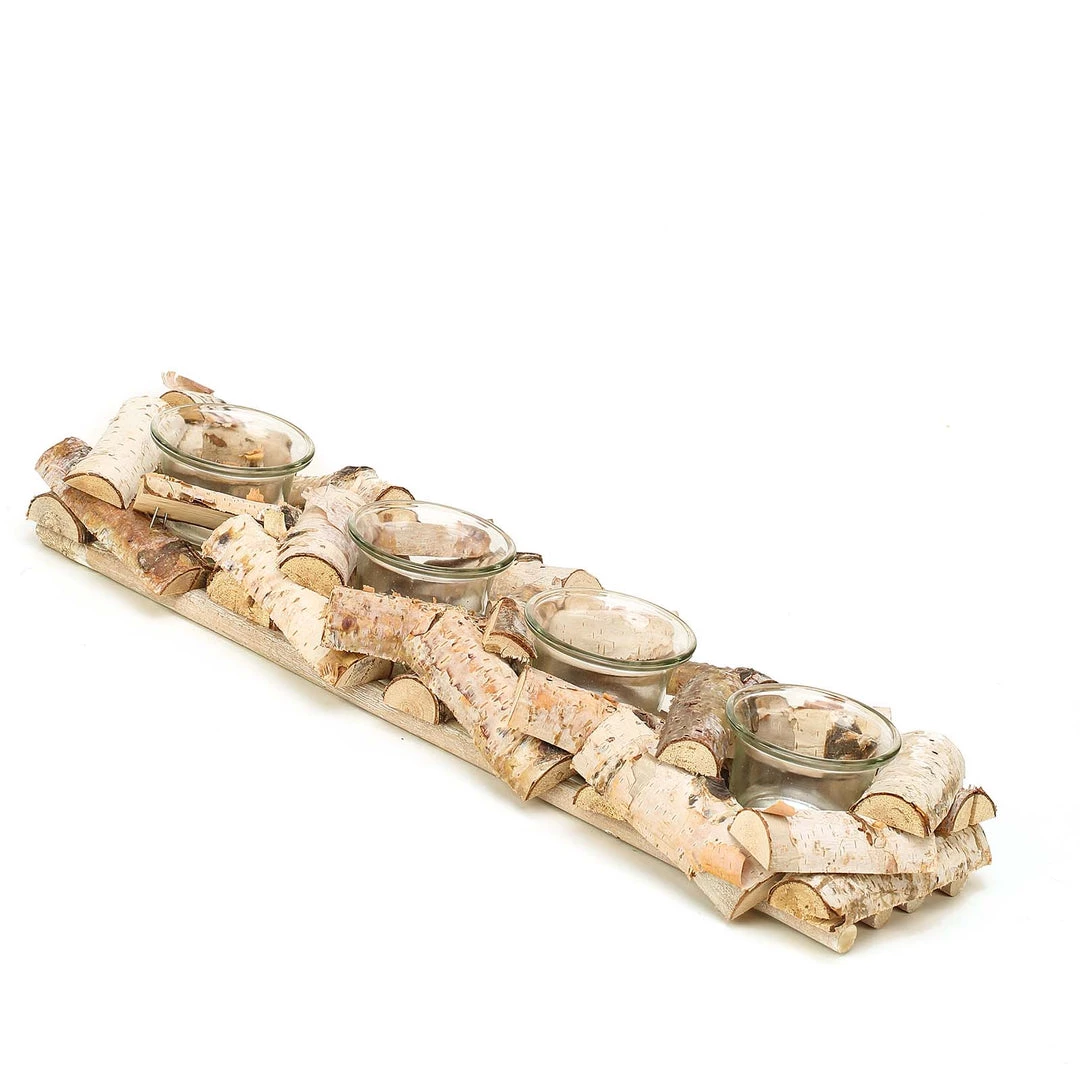 HIER_4320 Wooden Candle Holder | 16"Long | Natural Birch Wood | 4 Glass Votive Holders Included 11 HIER_4320 Wooden Candle Holder | 16"Long | Natural Birch Wood | 4 Glass Votive Holders Included