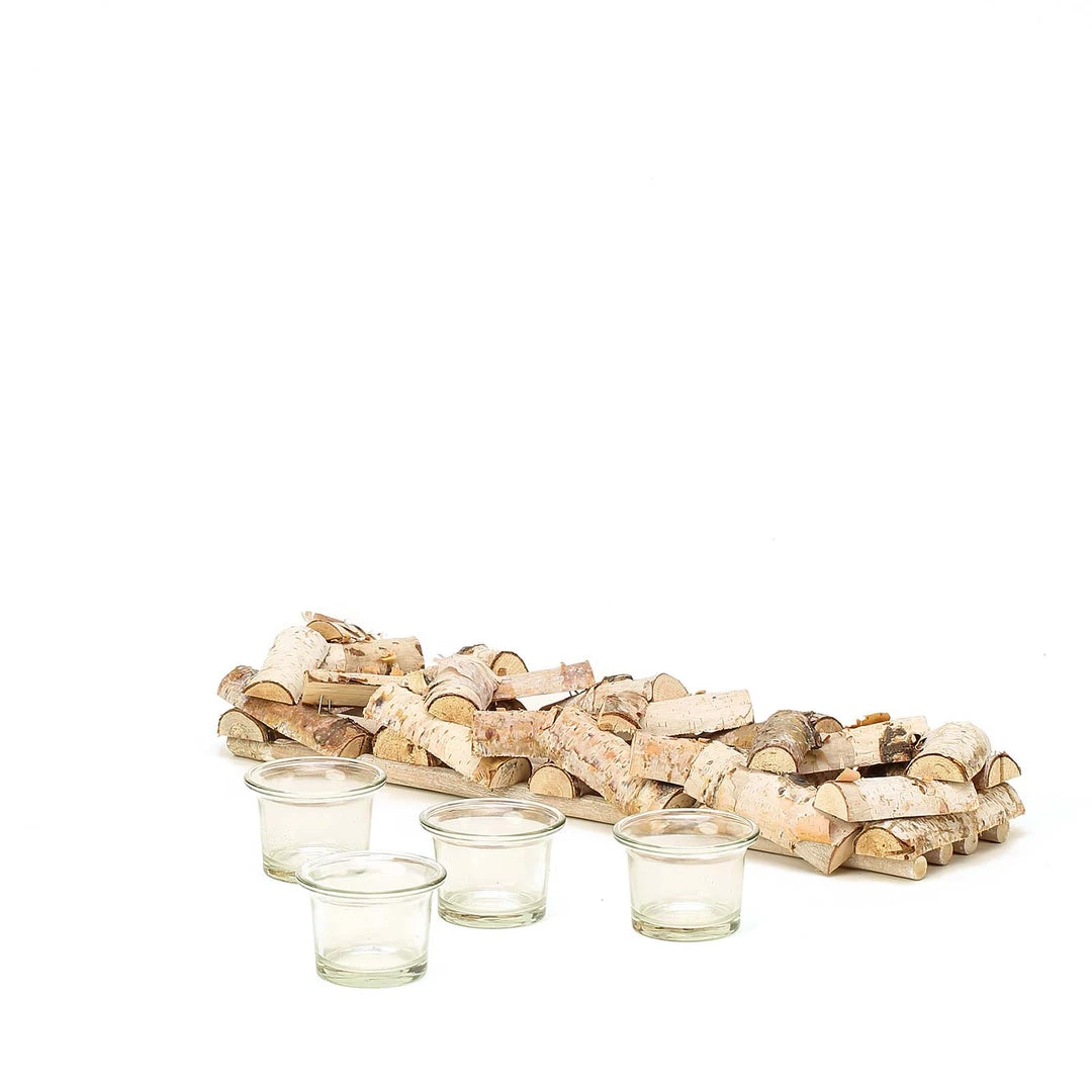 HIER_4320 Wooden Candle Holder | 16"Long | Natural Birch Wood | 4 Glass Votive Holders Included 9 HIER_4320 Wooden Candle Holder | 16"Long | Natural Birch Wood | 4 Glass Votive Holders Included