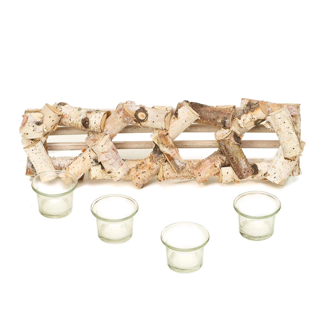 HIER_4320 Wooden Candle Holder | 16"Long | Natural Birch Wood | 4 Glass Votive Holders Included 3 HIER_4320 Wooden Candle Holder | 16"Long | Natural Birch Wood | 4 Glass Votive Holders Included