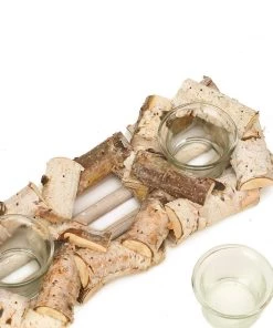 HIER_4320 Wooden Candle Holder | 16"Long | Natural Birch Wood | 4 Glass Votive Holders Included 22 HIER_4320 Wooden Candle Holder | 16