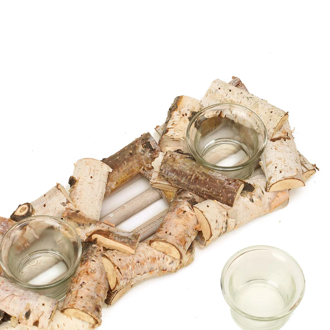 HIER_4320 Wooden Candle Holder | 16"Long | Natural Birch Wood | 4 Glass Votive Holders Included 8 HIER_4320 Wooden Candle Holder | 16"Long | Natural Birch Wood | 4 Glass Votive Holders Included
