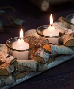 HIER_4320 Wooden Candle Holder | 16"Long | Natural Birch Wood | 4 Glass Votive Holders Included