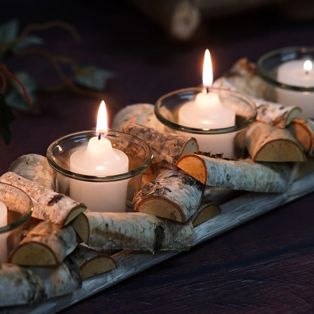HIER_4320 Wooden Candle Holder | 16"Long | Natural Birch Wood | 4 Glass Votive Holders Included 1 HIER_4320 Wooden Candle Holder | 16"Long | Natural Birch Wood | 4 Glass Votive Holders Included
