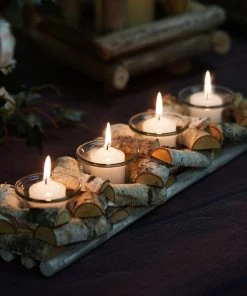 HIER_4320 Wooden Candle Holder | 16"Long | Natural Birch Wood | 4 Glass Votive Holders Included 18 HIER_4320 Wooden Candle Holder | 16