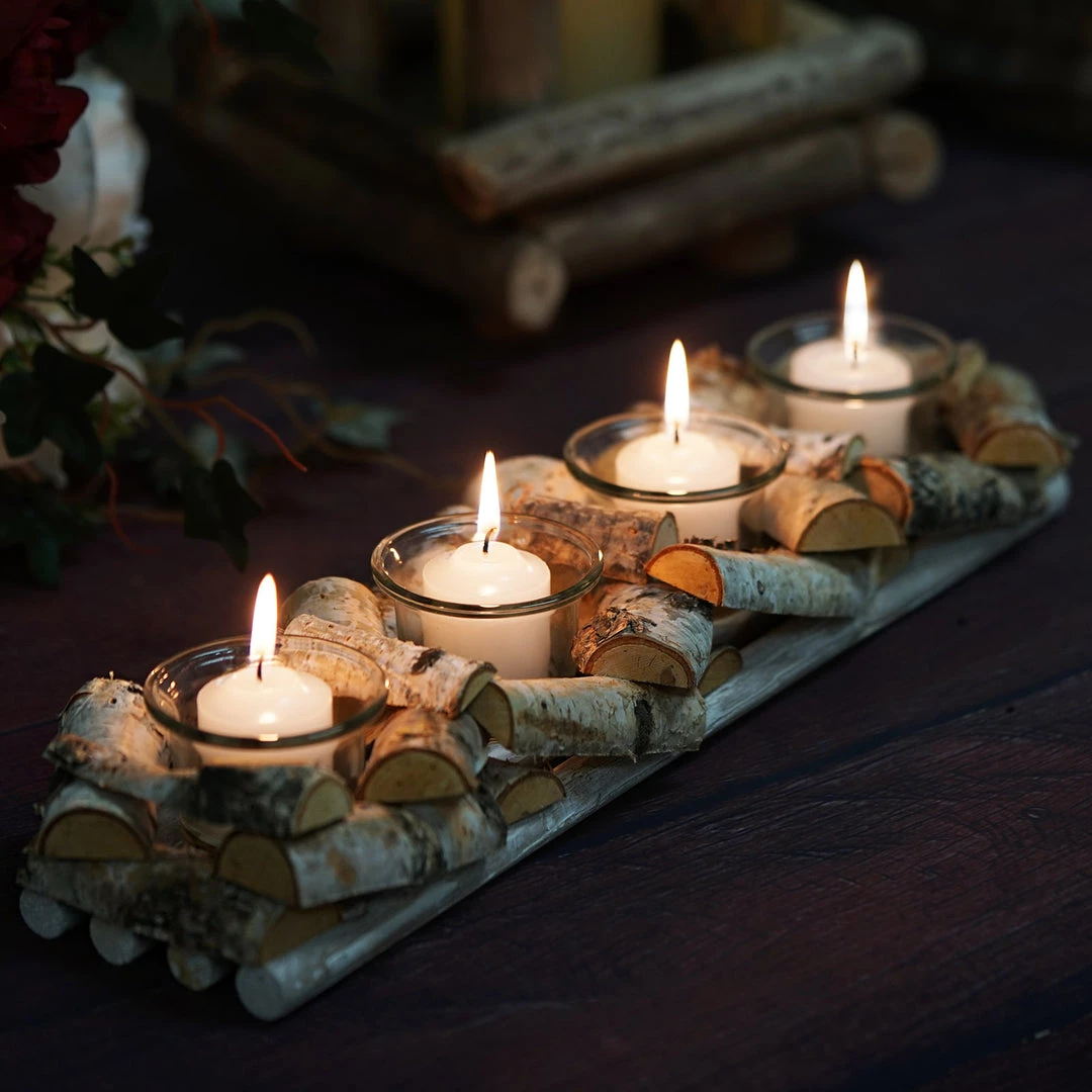 HIER_4320 Wooden Candle Holder | 16"Long | Natural Birch Wood | 4 Glass Votive Holders Included 4 HIER_4320 Wooden Candle Holder | 16"Long | Natural Birch Wood | 4 Glass Votive Holders Included