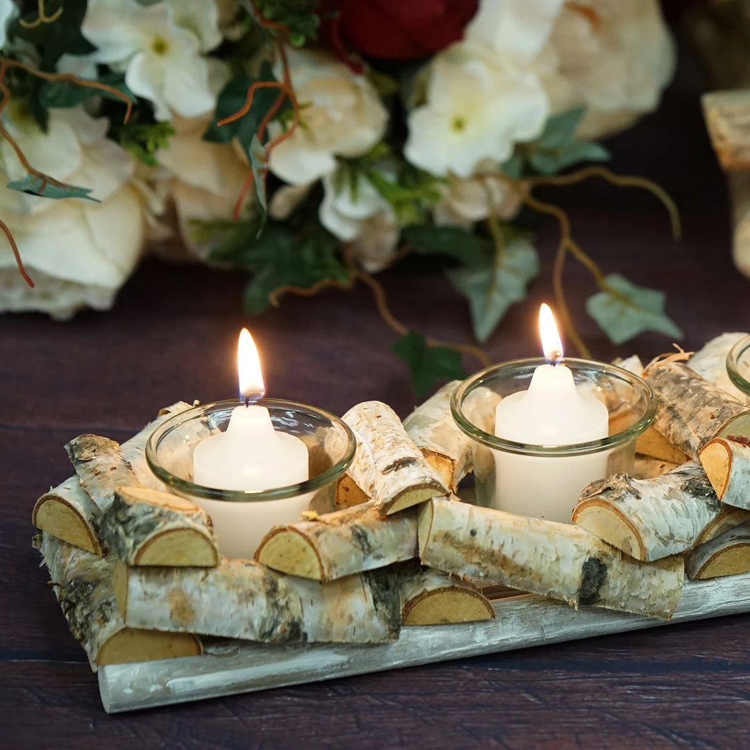HIER_4320 Wooden Candle Holder | 16"Long | Natural Birch Wood | 4 Glass Votive Holders Included 15 HIER_4320 Wooden Candle Holder | 16"Long | Natural Birch Wood | 4 Glass Votive Holders Included