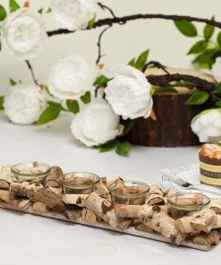 HIER_4320 Wooden Candle Holder | 16"Long | Natural Birch Wood | 4 Glass Votive Holders Included