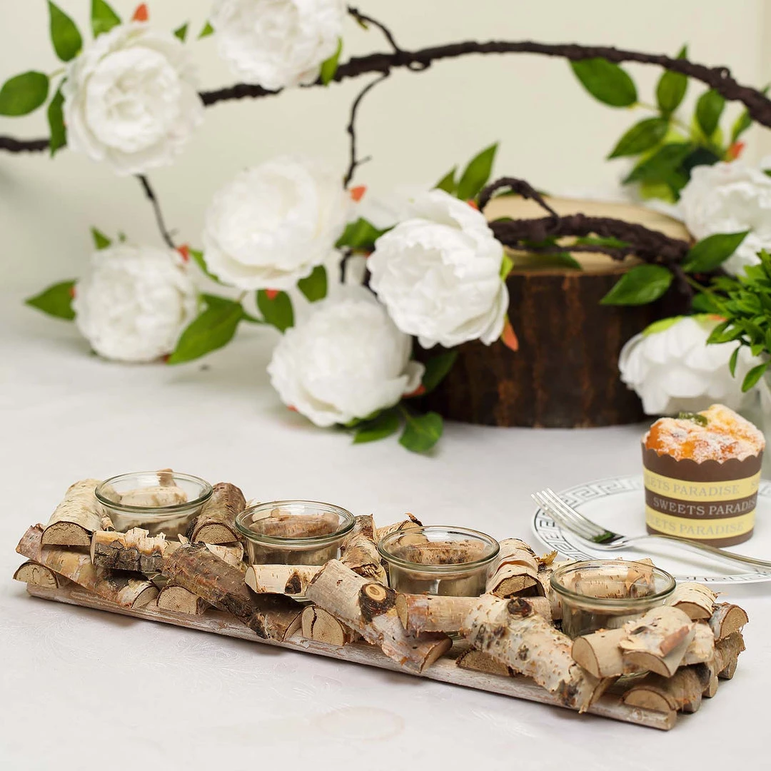HIER_4320 Wooden Candle Holder | 16"Long | Natural Birch Wood | 4 Glass Votive Holders Included 2 HIER_4320 Wooden Candle Holder | 16"Long | Natural Birch Wood | 4 Glass Votive Holders Included