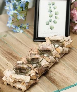 HIER_4320 Wooden Candle Holder | 16"Long | Natural Birch Wood | 4 Glass Votive Holders Included 21 HIER_4320 Wooden Candle Holder | 16