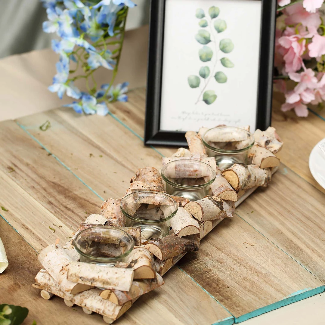 HIER_4320 Wooden Candle Holder | 16"Long | Natural Birch Wood | 4 Glass Votive Holders Included 7 HIER_4320 Wooden Candle Holder | 16"Long | Natural Birch Wood | 4 Glass Votive Holders Included