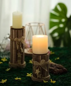 HIER_4320 Set Of 4 | Assorted Wooden Pillar Candle Holder Set With Braided Twines Burlap Ribbons And Hanging Stars - 8"/7"/5"/4" Chargers & Centerpieces