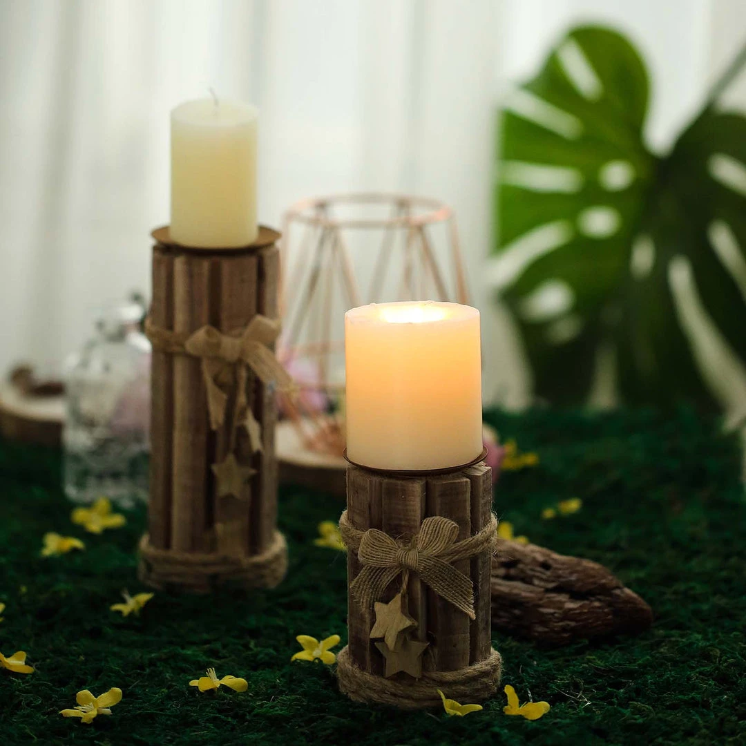 HIER_4320 Set Of 4 | Assorted Wooden Pillar Candle Holder Set With Braided Twines Burlap Ribbons And Hanging Stars - 8"/7"/5"/4" Chargers & Centerpieces 2 HIER_4320 Set Of 4 | Assorted Wooden Pillar Candle Holder Set With Braided Twines Burlap Ribbons And Hanging Stars - 8"/7"/5"/4" Chargers & Centerpieces