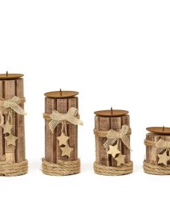 HIER_4320 Set Of 4 | Assorted Wooden Pillar Candle Holder Set With Braided Twines Burlap Ribbons And Hanging Stars - 8"/7"/5"/4" Chargers & Centerpieces 23 HIER_4320 Set Of 4 | Assorted Wooden Pillar Candle Holder Set With Braided Twines Burlap Ribbons And Hanging Stars - 8