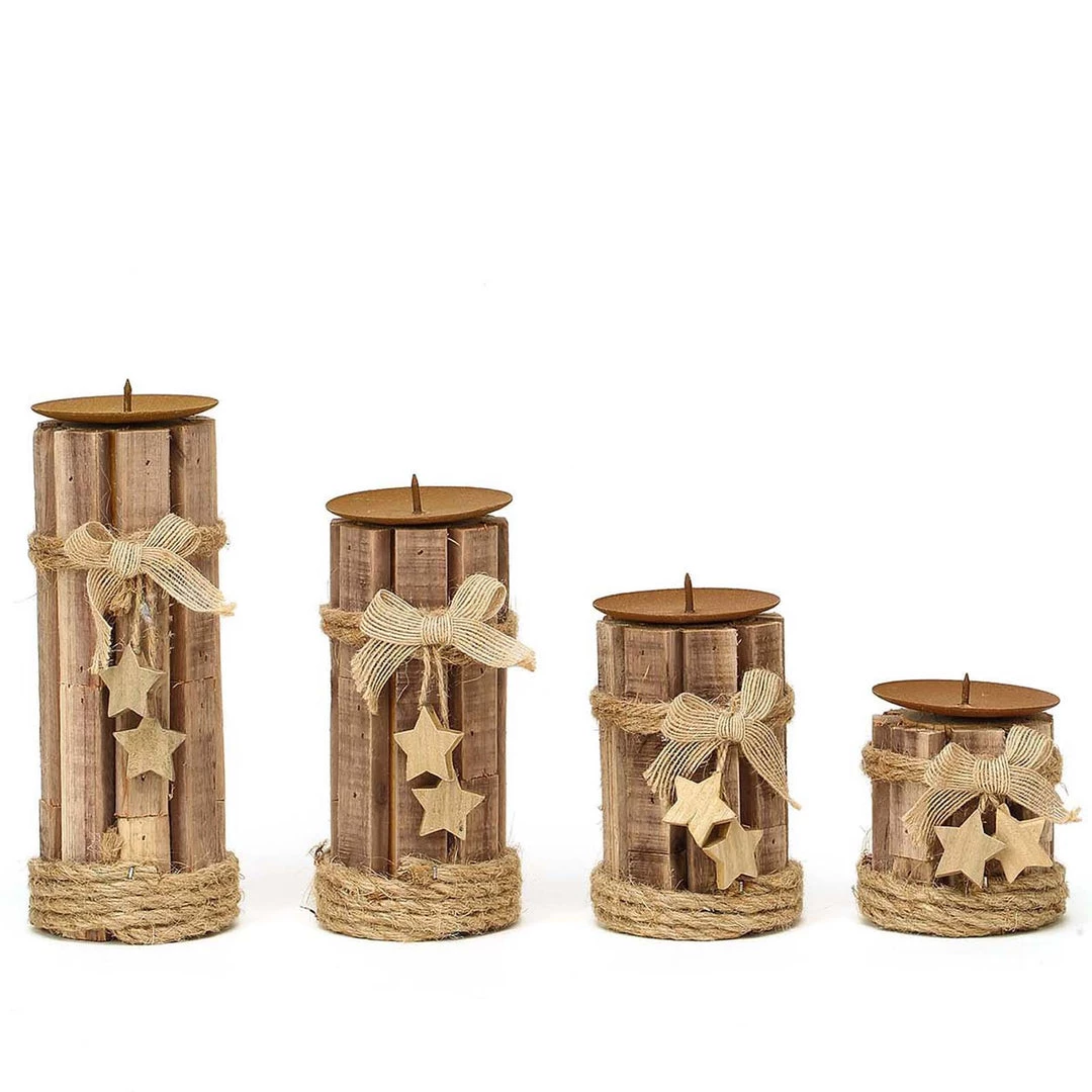 HIER_4320 Set Of 4 | Assorted Wooden Pillar Candle Holder Set With Braided Twines Burlap Ribbons And Hanging Stars - 8"/7"/5"/4" Chargers & Centerpieces 12 HIER_4320 Set Of 4 | Assorted Wooden Pillar Candle Holder Set With Braided Twines Burlap Ribbons And Hanging Stars - 8"/7"/5"/4" Chargers & Centerpieces
