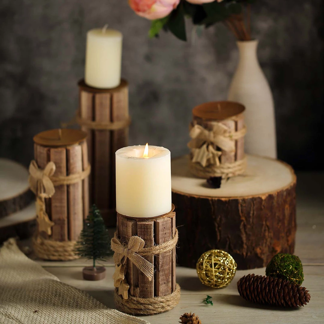HIER_4320 Set Of 4 | Assorted Wooden Pillar Candle Holder Set With Braided Twines Burlap Ribbons And Hanging Stars - 8"/7"/5"/4" Chargers & Centerpieces 7 HIER_4320 Set Of 4 | Assorted Wooden Pillar Candle Holder Set With Braided Twines Burlap Ribbons And Hanging Stars - 8"/7"/5"/4" Chargers & Centerpieces