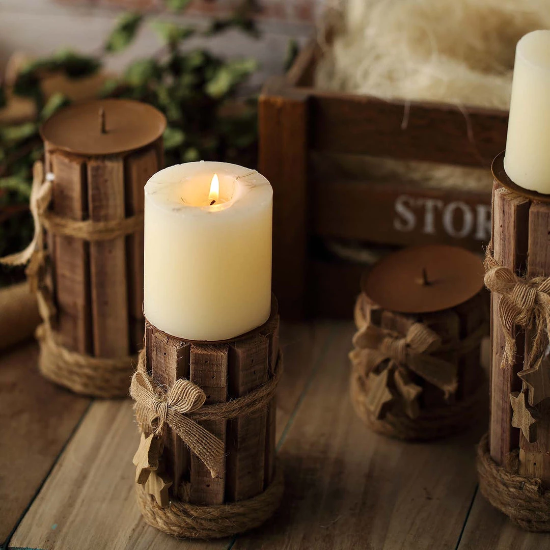 HIER_4320 Set Of 4 | Assorted Wooden Pillar Candle Holder Set With Braided Twines Burlap Ribbons And Hanging Stars - 8"/7"/5"/4" Chargers & Centerpieces 1 HIER_4320 Set Of 4 | Assorted Wooden Pillar Candle Holder Set With Braided Twines Burlap Ribbons And Hanging Stars - 8"/7"/5"/4" Chargers & Centerpieces