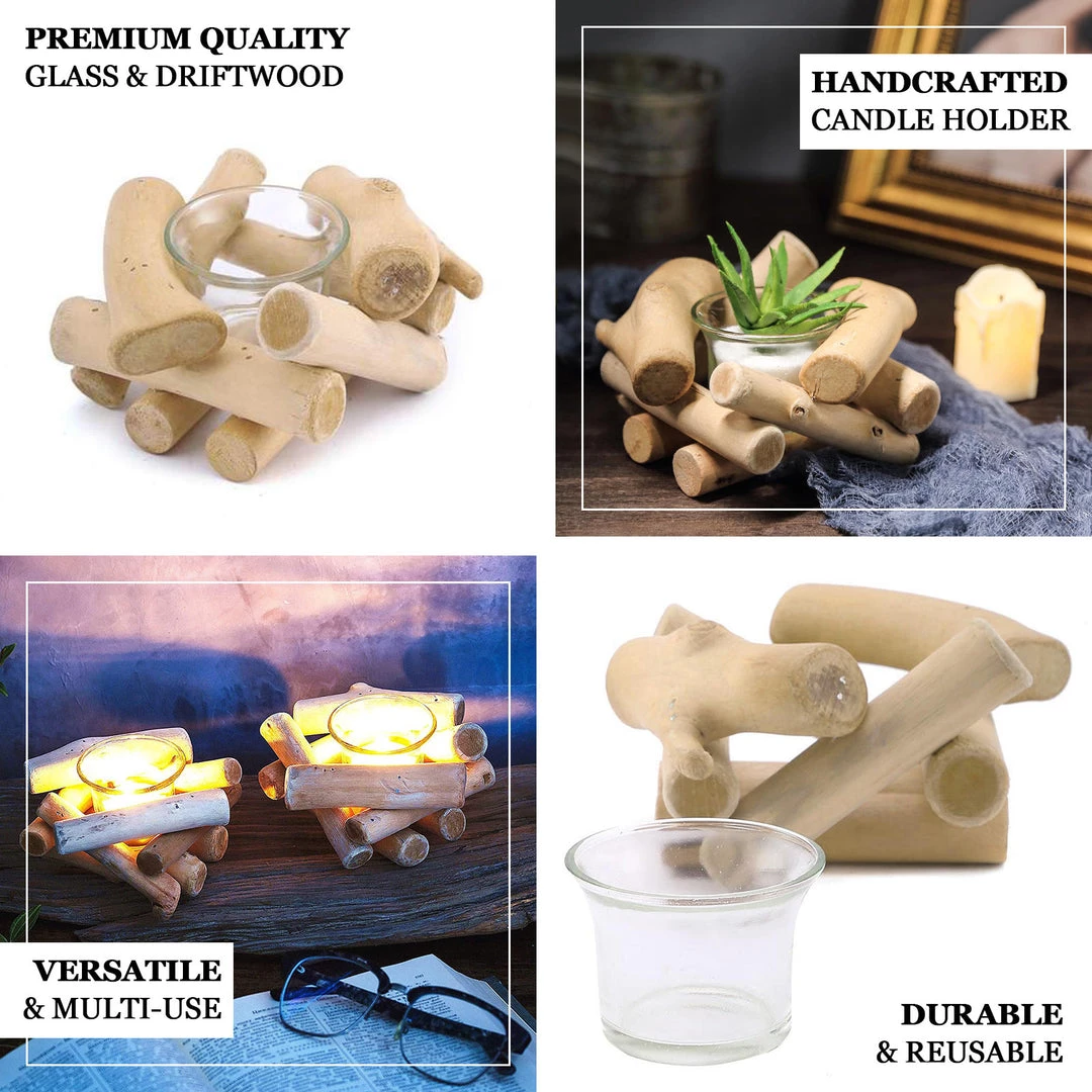 HIER_4320 2.5" Tall | Driftwood Candle Holder | Natural Wooden Candle Holder Stand With Glass Tea Light Holder Chargers & Centerpieces 4 HIER_4320 2.5" Tall | Driftwood Candle Holder | Natural Wooden Candle Holder Stand With Glass Tea Light Holder Chargers & Centerpieces
